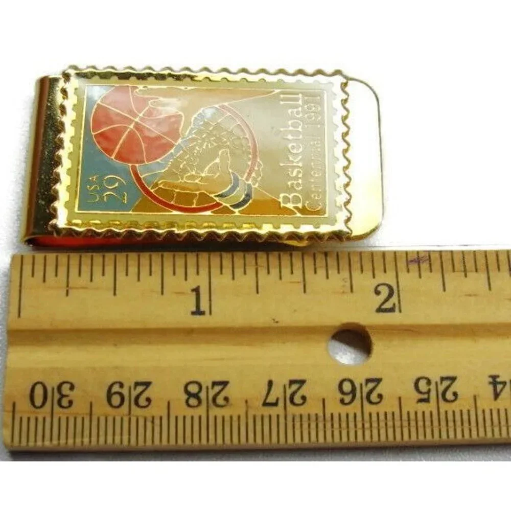 Basketball Centennal 1991 Stamp USA 29 Golden Cash Holder Wallet Vtg Money Clip